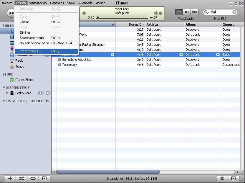 ejecutamos itunes 8.0 y vamos a Edicion/Preferencia.