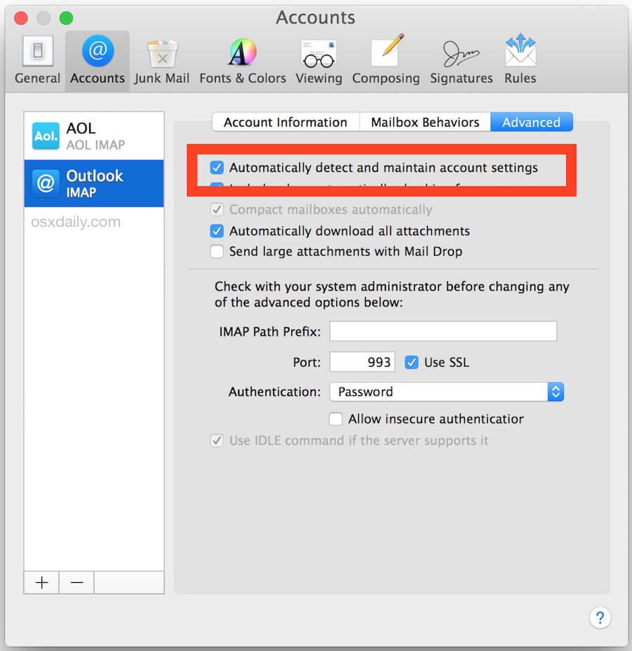 Preferencias de cuentas de aplicación Mail de Mac