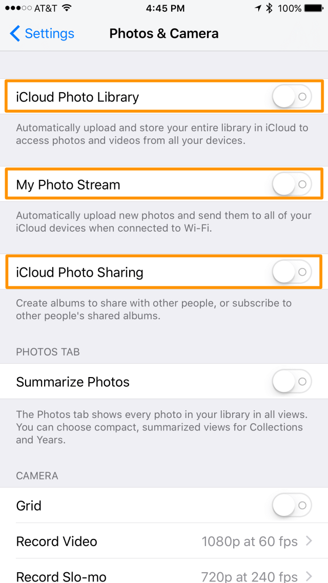 9. Deshabilitar Photo Stream y iCloud Photo Library