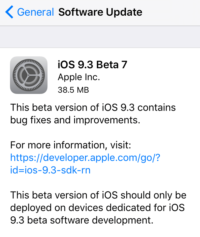Apple lanza iOS 9.3 beta 7 para los desarrolladores