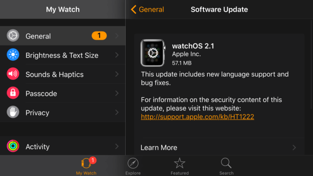 watchOS 2.1 la nueva actualización para el Apple Watch