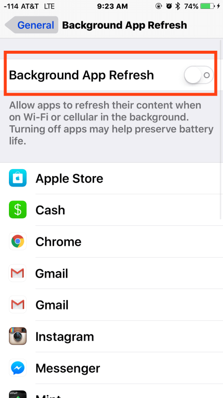 Desactivar la opcion Background App Refresh