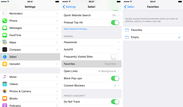 2. Settings → Safari → Favorites