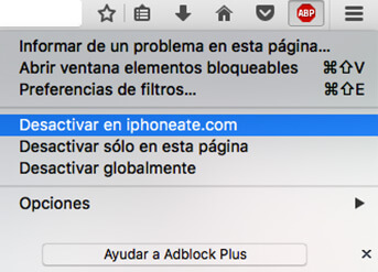 Menú de Adblock Plus, elegir la opción Desactivar en iphoneate.com